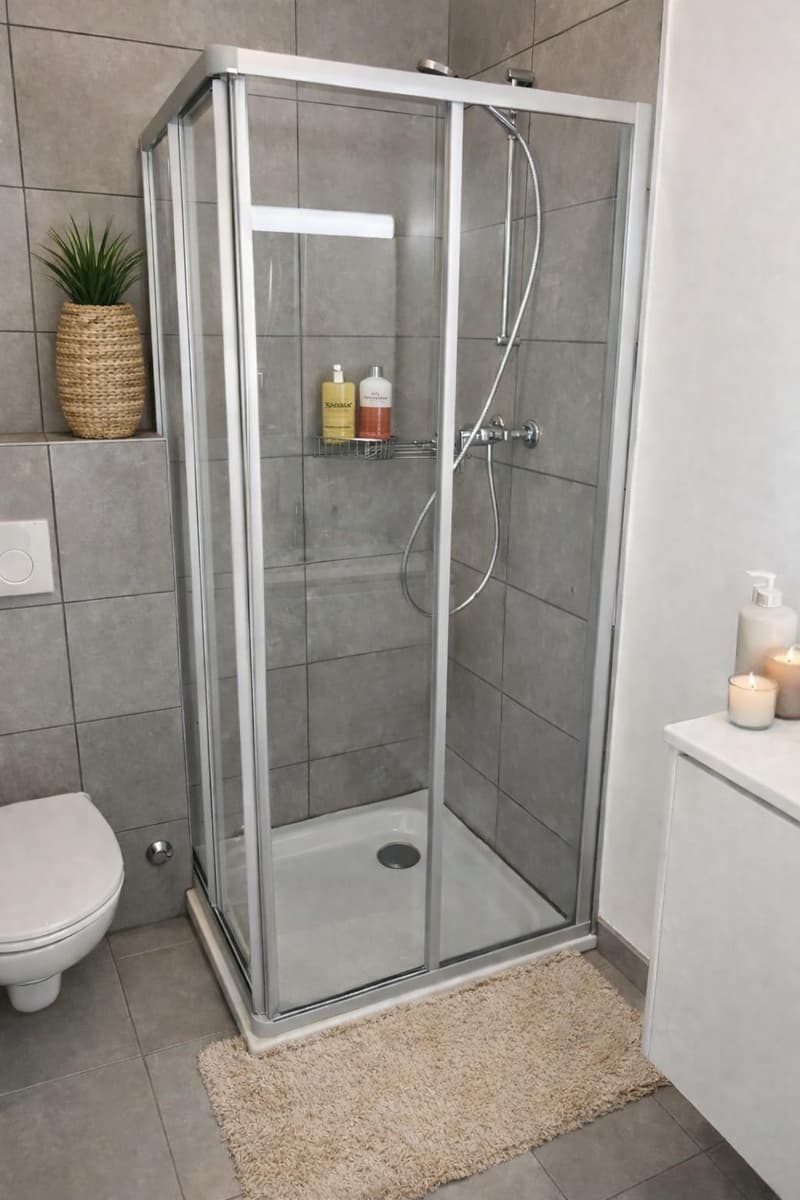 small modern bathroom, walk-in shower, toilet, floor heating, shelf with toiletries, potted plant, countertop, candles