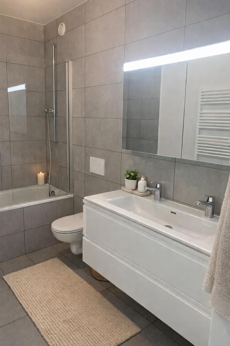 modern bathroom with shower enclosure, bathtub, toilet, sink, and mirror