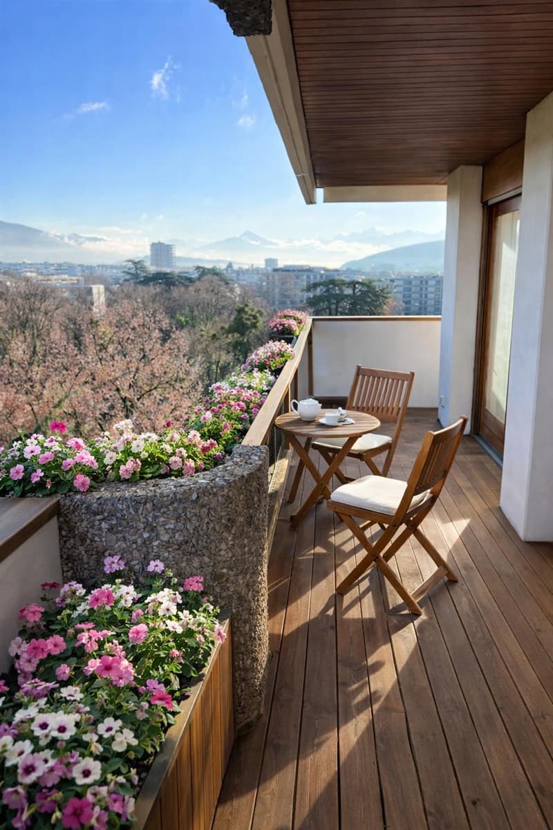 wooden floor, garden view, table, chairs, flowers, wooden railing, flowers in pots