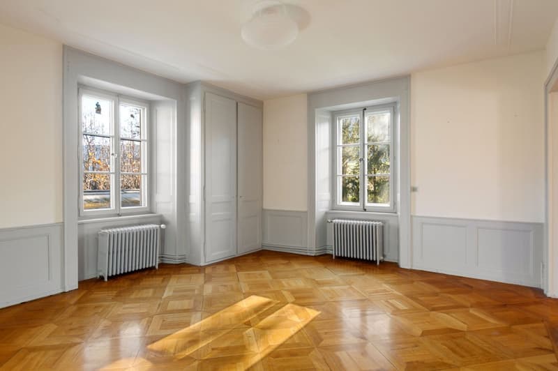 wooden parquet floor, large windows, wooden doors, radiators, parquet flooring