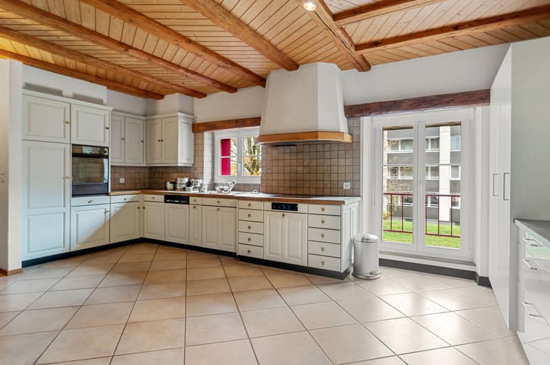 white kitchen, wooden beams, dishwasher, oven, sink, countertops