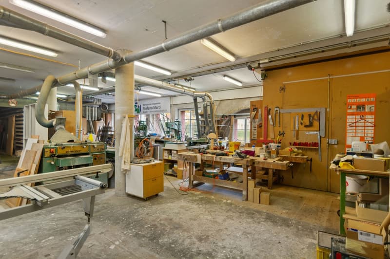 A large workshop space filled with various woodworking machinery, workbenches, storage boxes, and tools. There are several fluorescent lights installed on the ceiling. The walls are adorned with posters and tools are hanging on the walls.