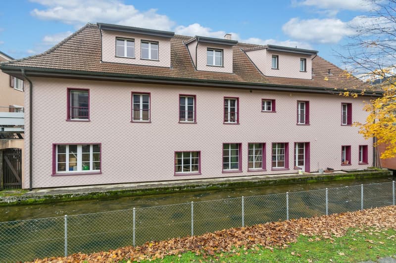 Pink house with multiple windows and multiple floors with a water canal in front of the house