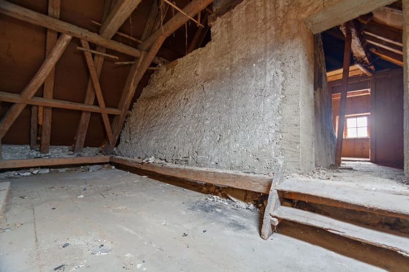 wooden beams, stone wall, wooden floor, wooden steps
