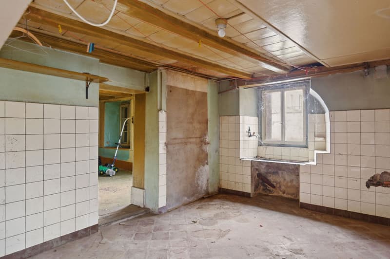 empty room, white tiles, wooden ceiling, window, sink, floor