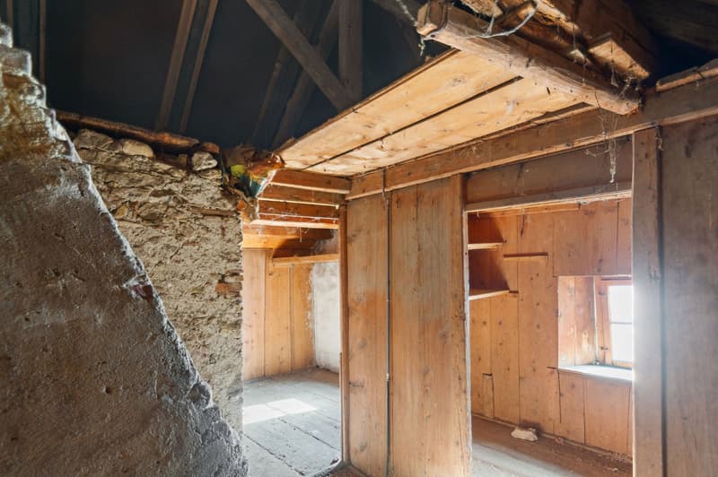 wooden walls, wooden ceiling, stone wall, small window
