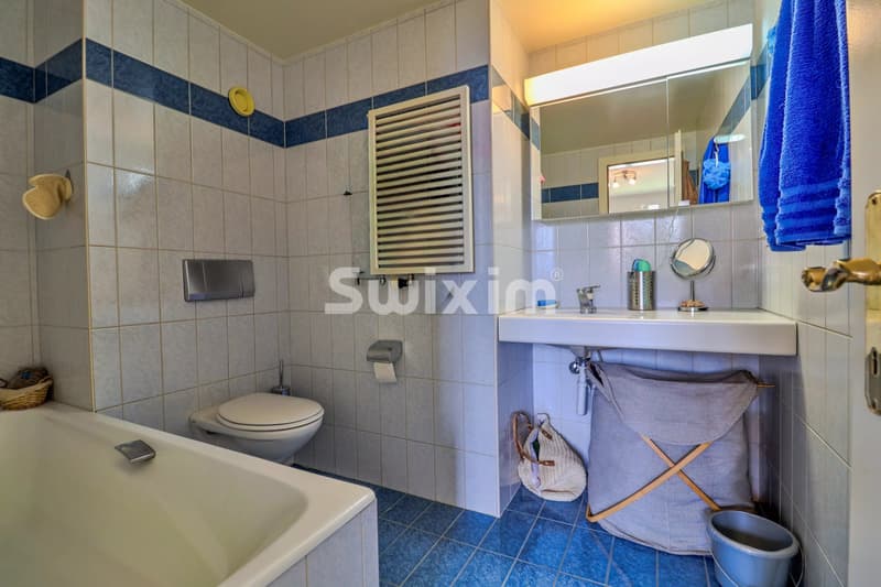 Une salle de bain avec des carreaux blancs et bleus, une baignoire, un lavabo avec miroir, et des accessoires de toilette.