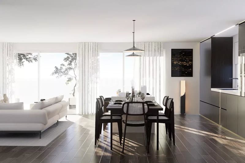 Belle salle à manger lumineuse avec vue sur l'extérieur.