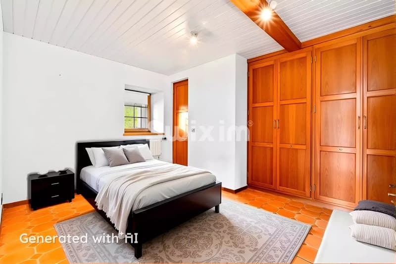 Chambre lumineuse avec un lit double, grande armoire en bois, et sol en carrelage orange.