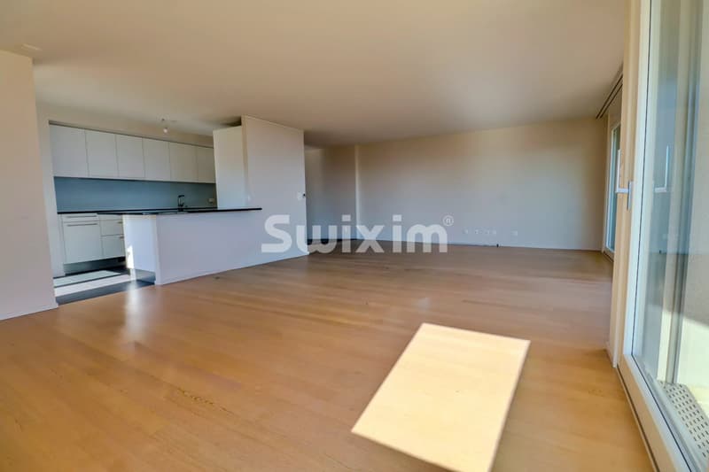 Grand appartement lumineux avec un espace ouvert et une vue sur l'extérieur.