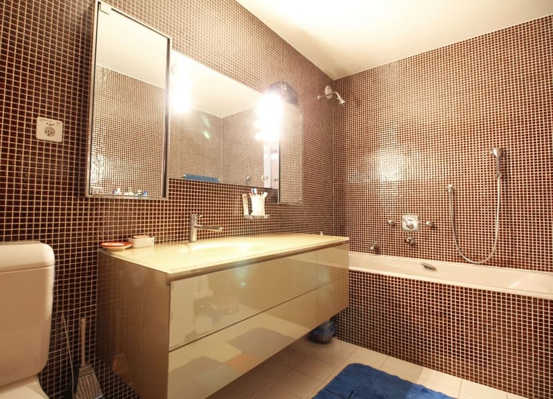 Bathroom with bathtub, sink with mirror, shower, toilet, tiles, blue rug
