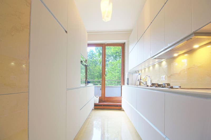 modern kitchen, white cabinets, wooden floor, large windows, balcony, stove, sink