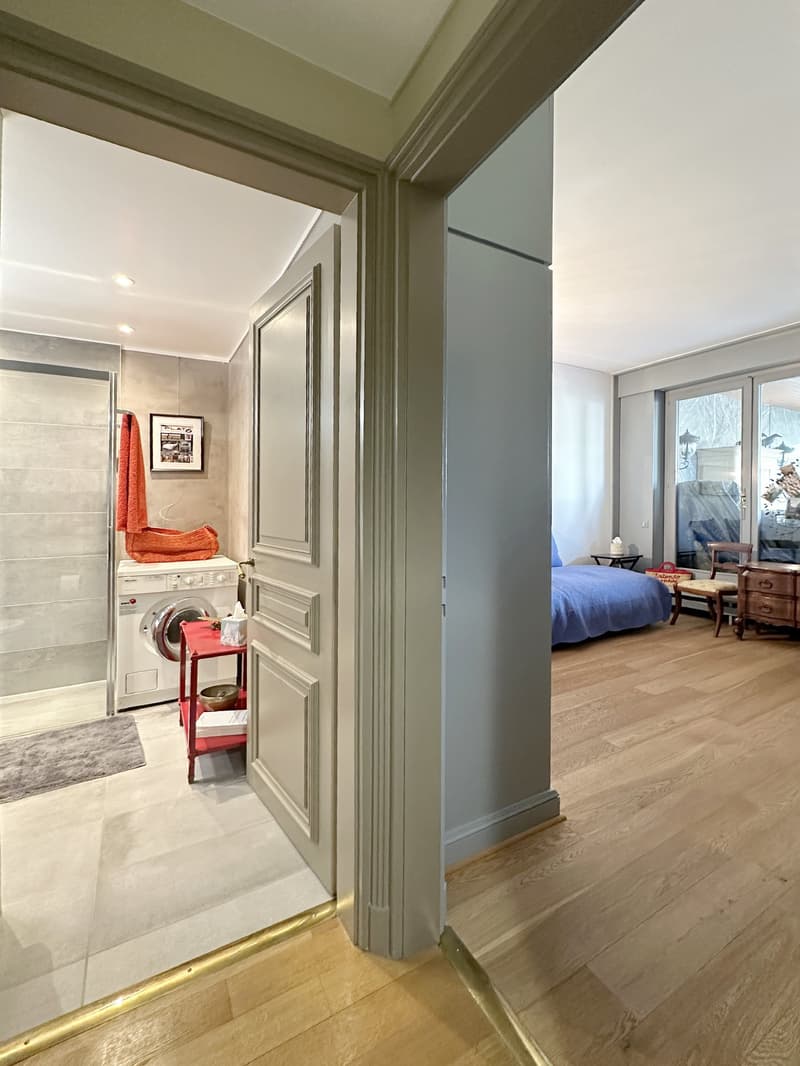 Laundry room with washing machine and red trolley, bathroom with glass shower and towel rack