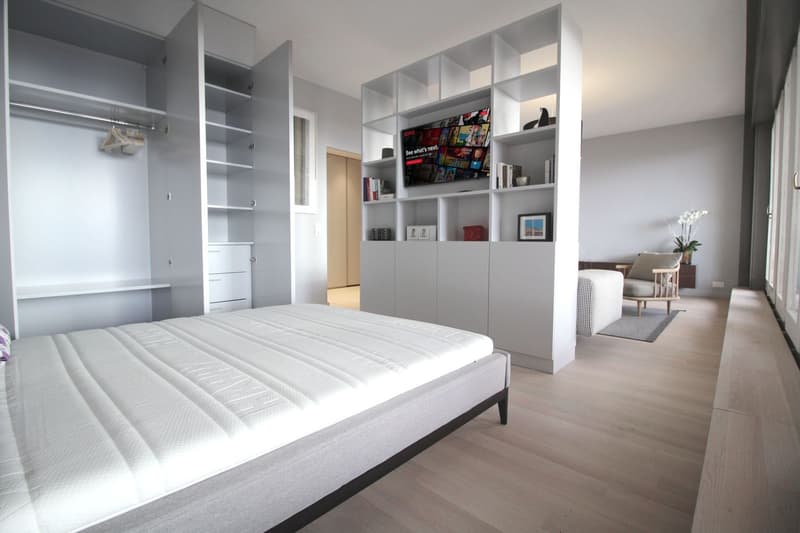 modern bedroom with white bed, white shelves, wooden floor, large windows, TV, and a closet