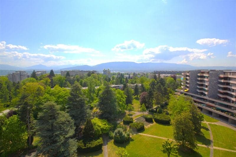 large green area with many trees, plants, and bushes, walkway, residential buildings in the background