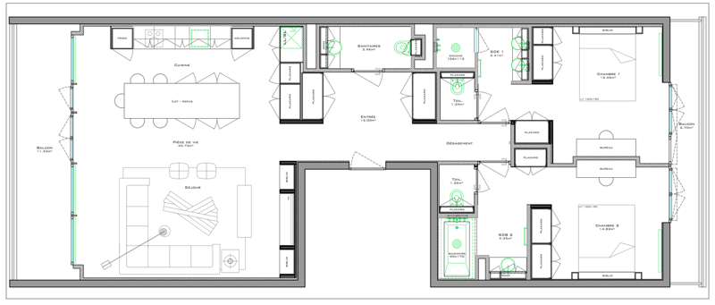 Living room, kitchen, 2 bedrooms, 2 bathrooms, balcony, office