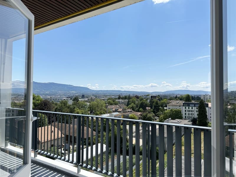 Balcony with metal railings, panoramic city view, mountains in the distance