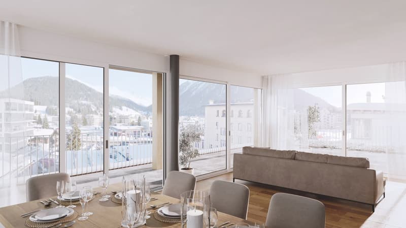 dining area, sofa, dining table, glasses, plates, balcony, view of mountains