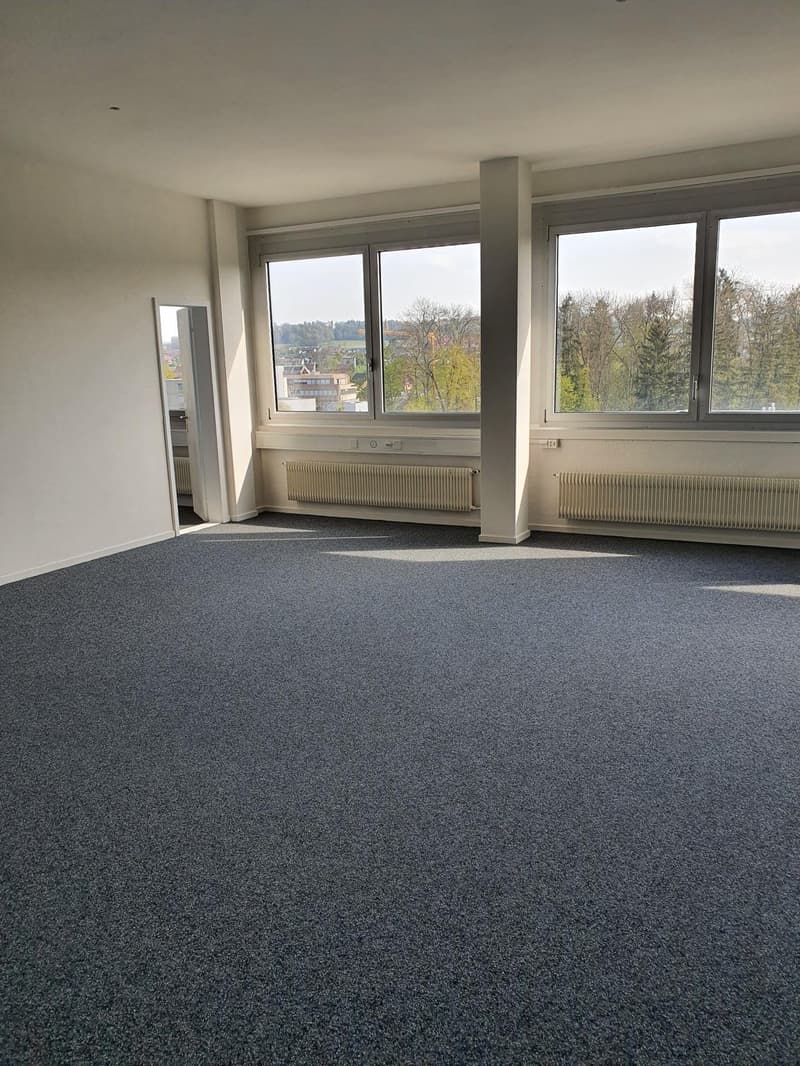 an empty room with carpet flooring and large windows