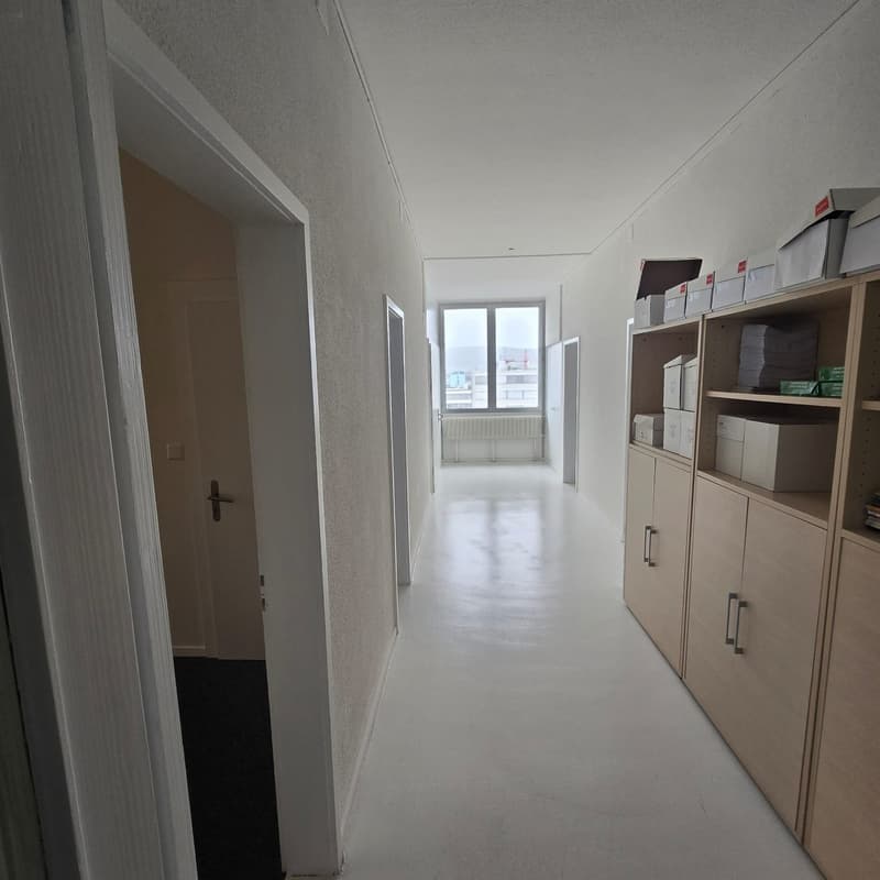 white flooring, white walls, windows with radiators, shelves with storage boxes
