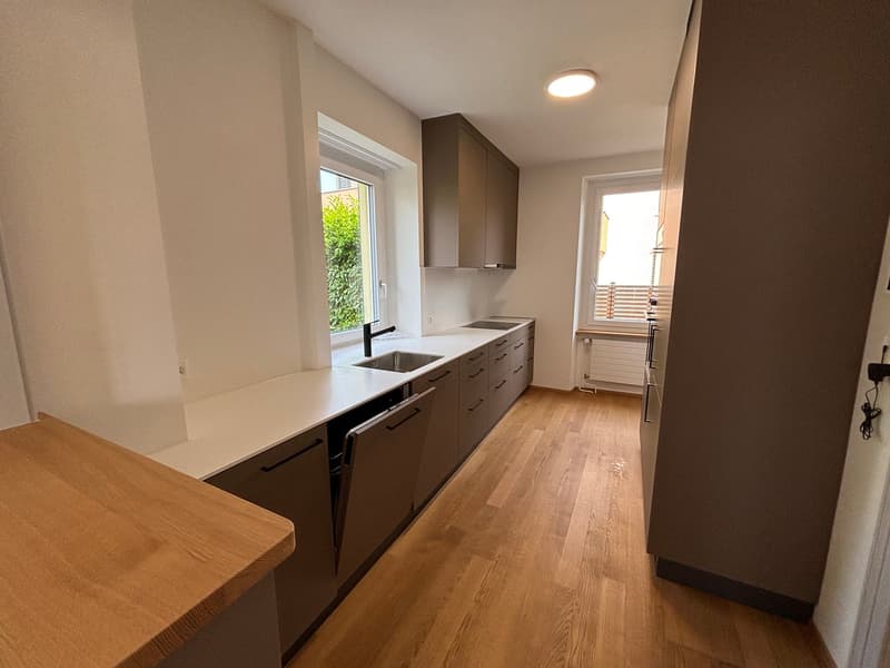white counter top, wooden floors, built-in cabinets, window with view, dishwasher