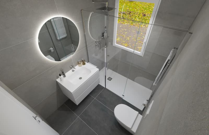 modern bathroom with white sink, mirror, shower, and toilet