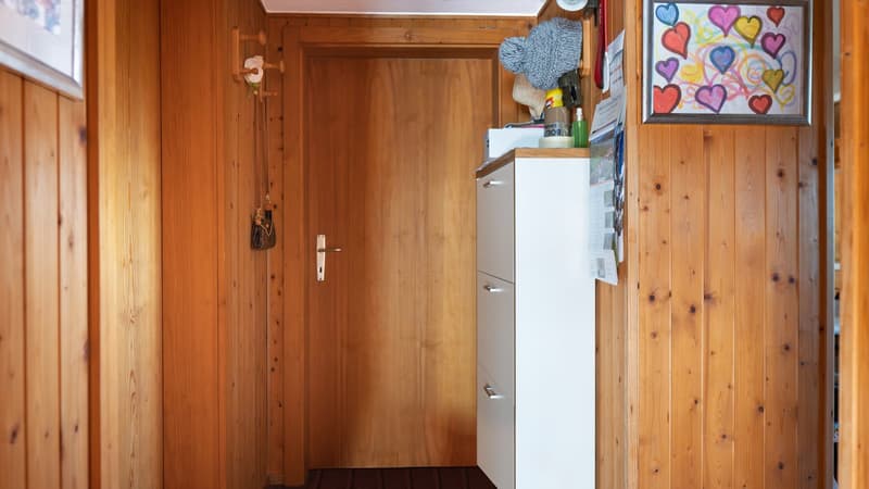 room with wooden walls, a closed door, a cabinet, and several items placed on the wall