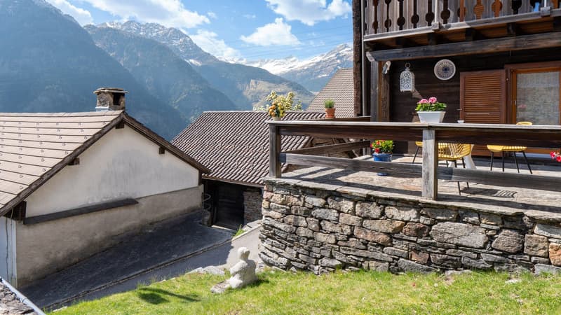 wooden balcony, stone wall, terrace, mountain view, wooden house, potted plants