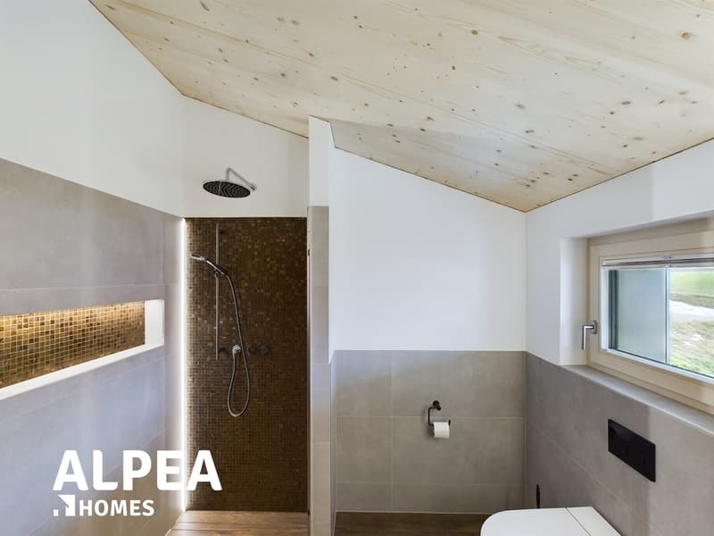 shower, white walls, wood floor, tile design, large window, toilet