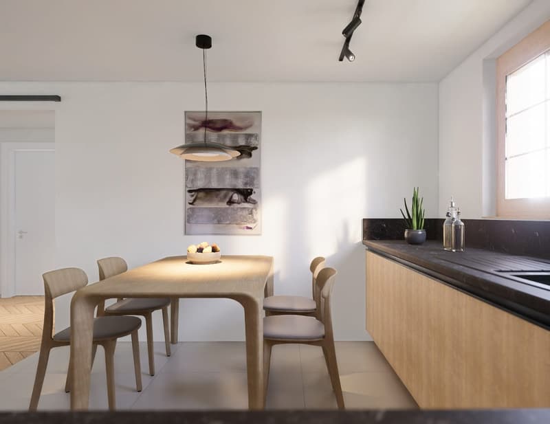 minimalistic dining room with wooden table and chairs, wall-mounted spotlights, white walls, granite countertop, modern painting on wall, wooden door