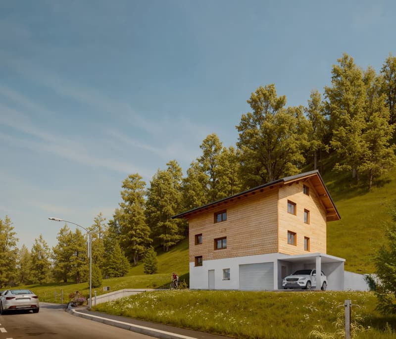 Detached house with wooden exterior, sloped roof, garage, built into the hill