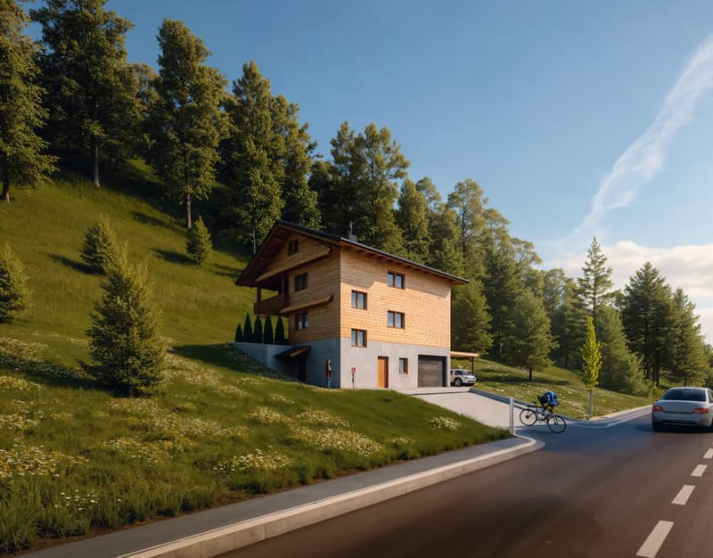 Detached house with a raised ground floor, wooden exterior, 2 story, garage