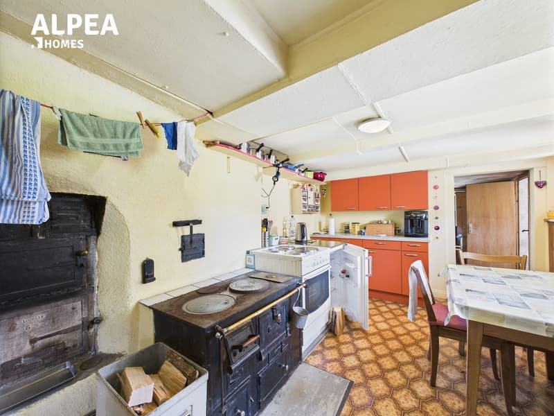kitchen with old oven and fireplace