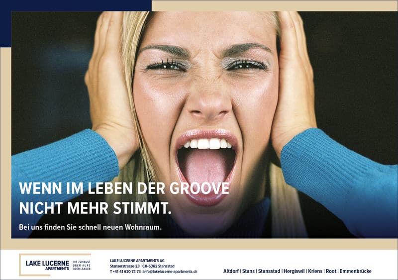 The image is an advertisement for Lake Lucerne Apartments. It features a close-up photograph of a woman with a distressed facial expression, with the text 'WENN IM LEBEN DER GROOVE NICHT MEHR STIMMT.' (When the groove in life no longer fits). The advertis