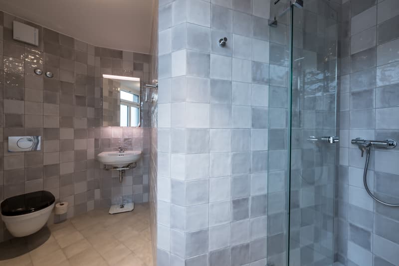 gray tiled walls, white porcelain tiles on floor, white sink, modern shower enclosure, black toilet, mirror