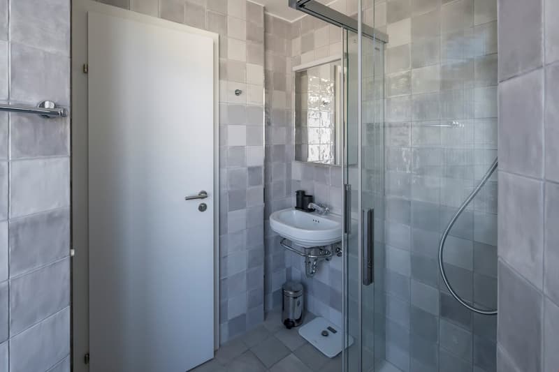 Bathroom with gray tile walls, glass shower enclosure, white sink, and a white door.