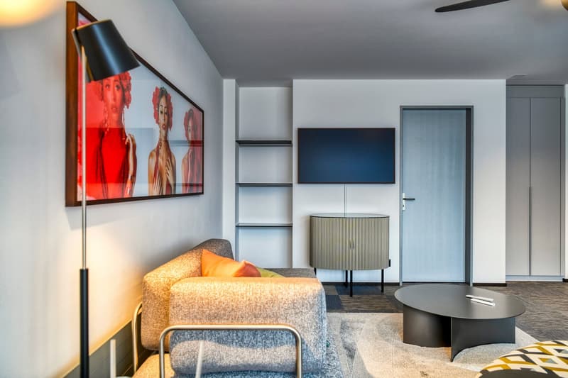 Modern living room with gray sofa, orange accent pillows, large framed artwork, TV stand with lamp, and shelving unit