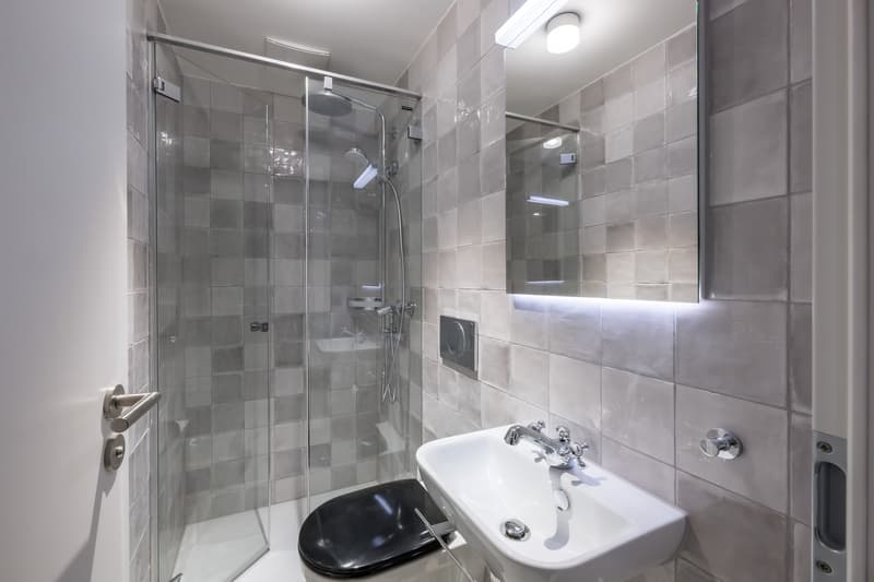 white sink, black toilet, grey tiles, glass walk-in shower