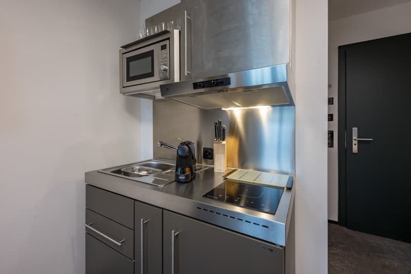 small modern kitchen, stainless steel appliances, gas stove, oven, dishwasher, microwave, sink, countertop