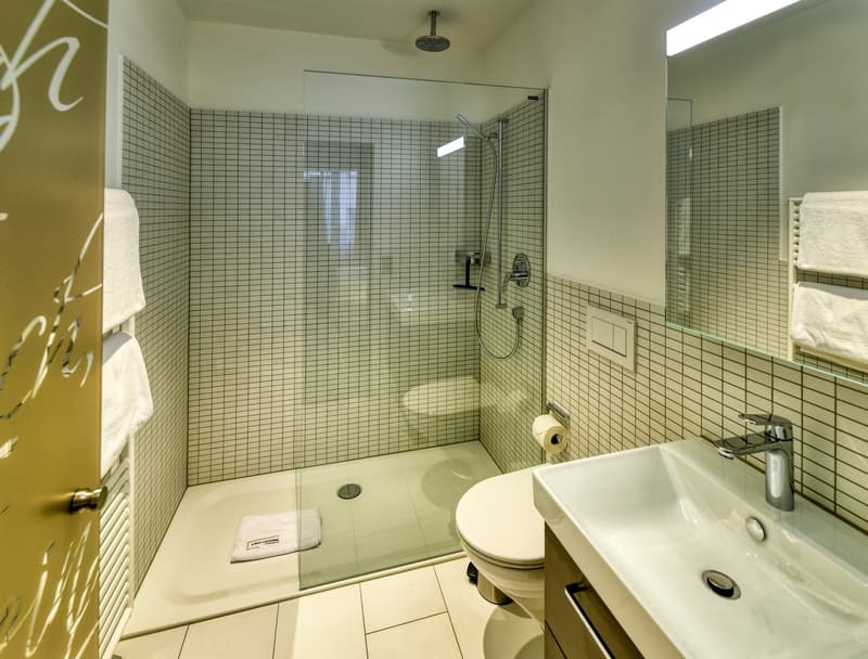 Tiled bathroom with a shower, toilet, and sink. The bathroom has a private washing machine.