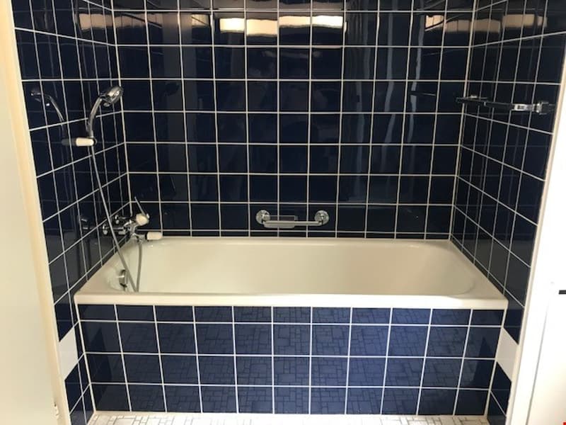 The image shows a bathroom with a tiled black and white wall pattern, a bathtub, and a shower fixture.
