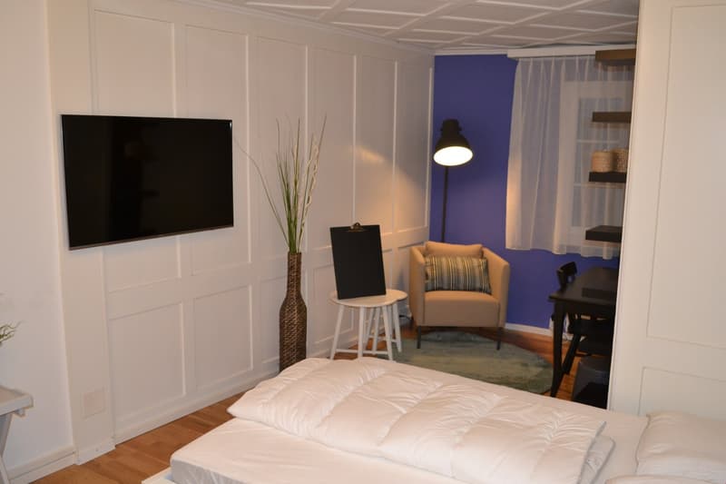 Spacious bedroom with white walls and paneling, large TV mounted on the wall, a comfortable armchair, and a cozy bed with a white comforter. The room also features a small table and lamp, as well as some decorative elements like a vase with plants.