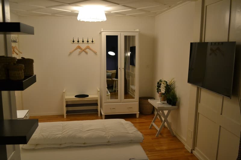 Spacious bedroom with hardwood floors, white walls, a large wardrobe with mirror, a bench for storage, and a TV mounted on the wall. There is also a small table with a plant and a futon-style bed.