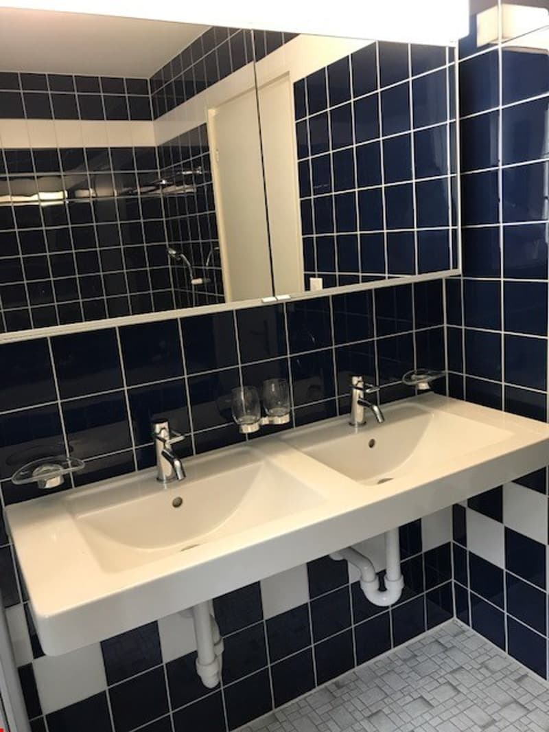 white tiled walls, double sink, chrome faucets, square glass cup, square clear glass