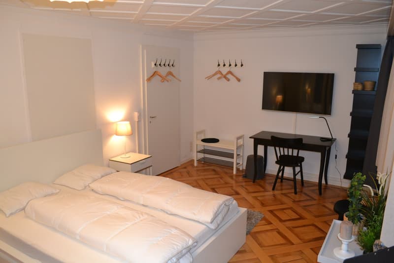 Bedroom with a double bed, bedside tables, lamp, flat screen TV, desk, chair, wardrobe, shoe rack, wooden floor
