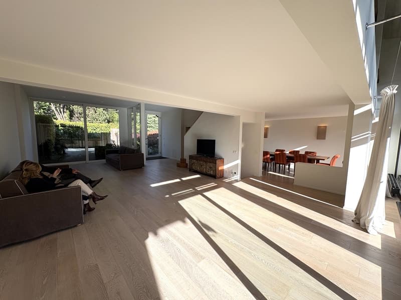 wood floor, glass door, dining table, TV