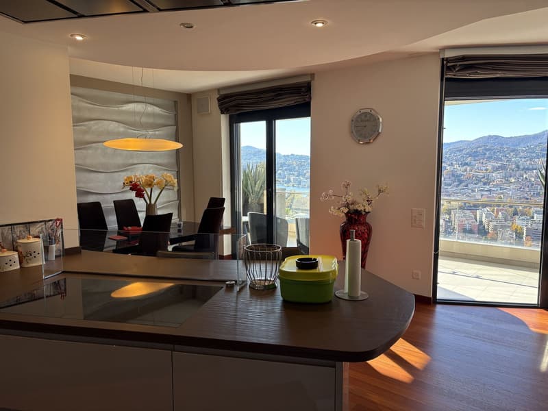 Modern kitchen, large glass windows, balcony, city view, flowers, dining table, kitchen island, wooden flooring, pendant light, modern appliances, countertop
