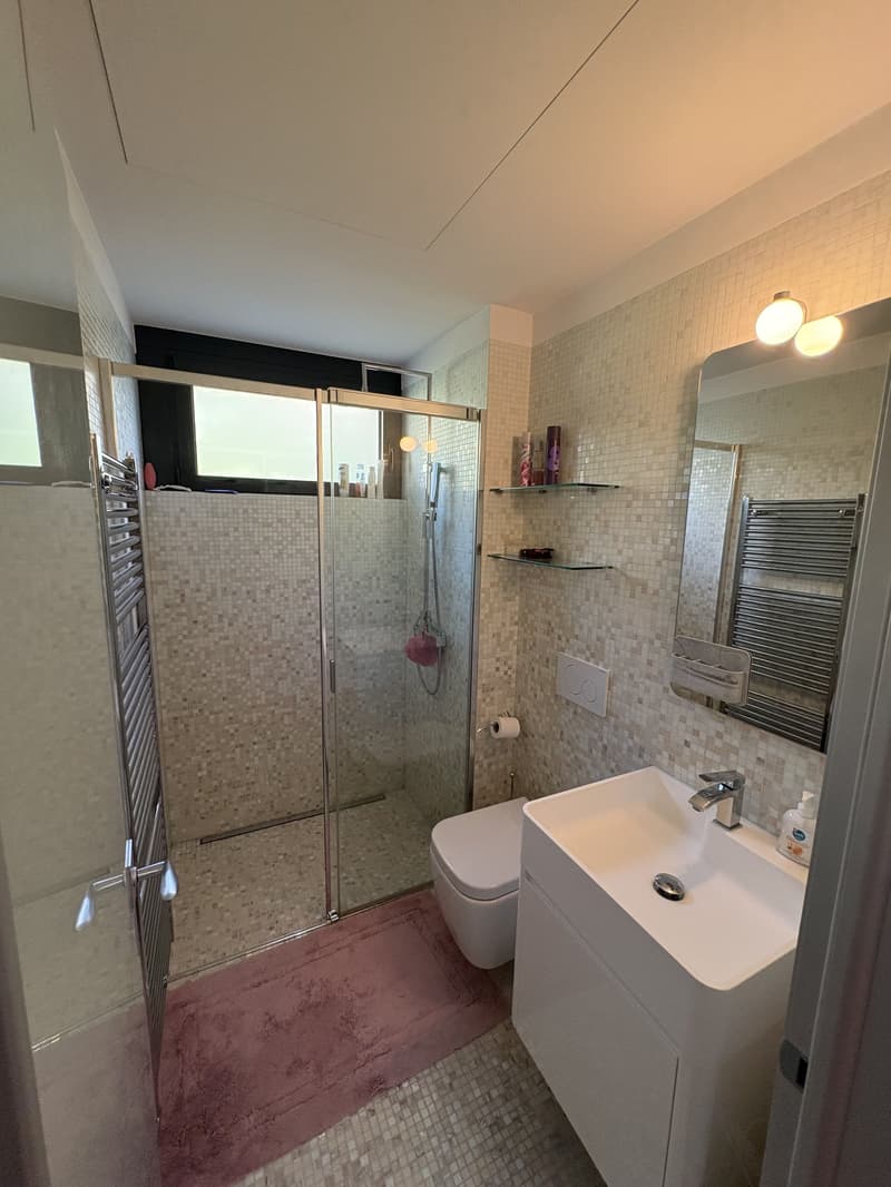 Modern bathroom with a glass shower, white sink, pink rug, tile walls, and a window.