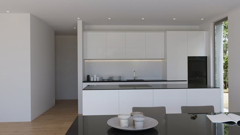 Modern, minimalist kitchen with white cabinets, black countertops, built-in appliances including a dishwasher, and large windows providing natural light