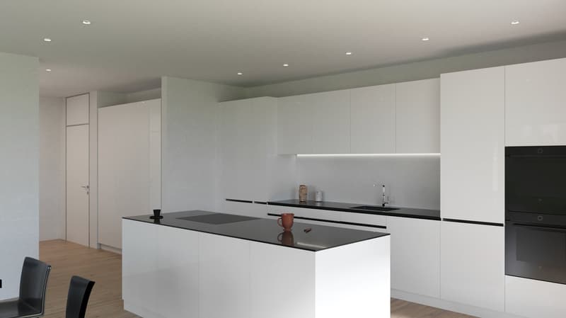Modern, minimalist kitchen with white cabinets, black countertops, and built-in appliances including a dishwasher. The kitchen has an open layout with a central island and recessed lighting.
